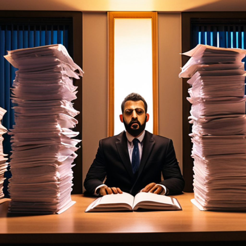 An Arab male lawyer appears overwhelmed by towering stacks of legal documents and glowing computer screens in a dimly lit, late-night office, embodying burnout. This image contrasts with the same lawyer experiencing serenity and work-life balance, perhaps meditating in a tranquil home setting or enjoying leisure time with family, highlighting the importance of self-care and clear professional boundaries.