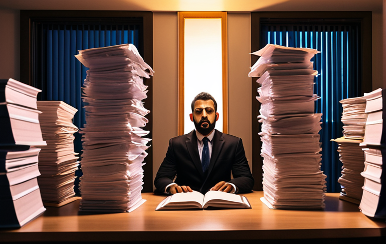 An Arab male lawyer appears overwhelmed by towering stacks of legal documents and glowing computer screens in a dimly lit, late-night office, embodying burnout. This image contrasts with the same lawyer experiencing serenity and work-life balance, perhaps meditating in a tranquil home setting or enjoying leisure time with family, highlighting the importance of self-care and clear professional boundaries.
