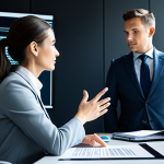 A professional lawyer, fully clothed in a modest, modern business suit, seated at a sleek desk in a contemporary, sunlit office. They are intently focused on a large holographic display showcasing complex legal data visualizations, AI-generated case analyses, and intricate document summaries. One hand gestures subtly towards the interactive screen, indicating thoughtful engagement with the advanced technology. The overall atmosphere conveys innovation, efficiency, and the seamless collaboration between human intellect and artificial intelligence in the legal field. Appropriate attire, safe for work, perfect anatomy, correct proportions, natural pose, well-formed hands, proper finger count, natural body proportions, professional photography, high quality, appropriate content, family-friendly.