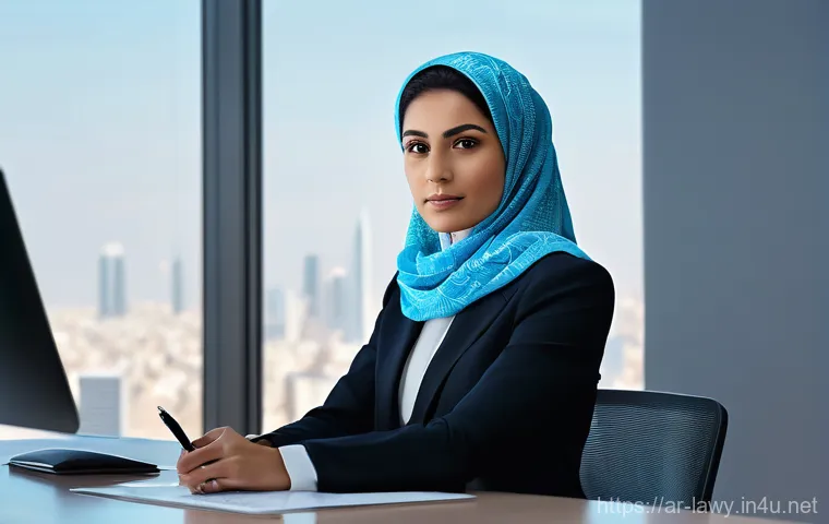 변호사와 기술 법률의 융합 - **Prompt 1: The AI-Powered Legal Mind**
A sophisticated Arab female lawyer, in her late 30s, wea...