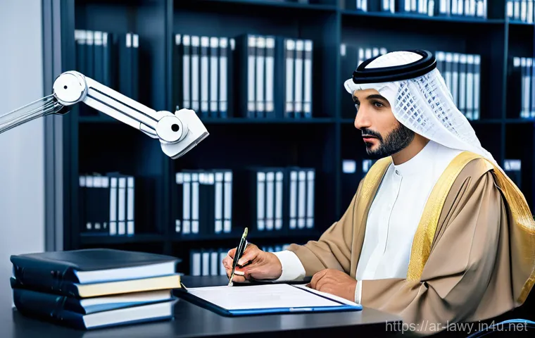변호사와 기술 법률의 융합 - **Prompt 1: The AI-Powered Legal Mind**
    A sophisticated Arab female lawyer, in her late 30s, wea...