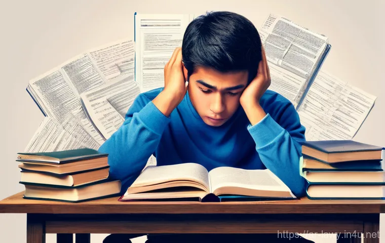 변호사 자격증 준비 중 흔한 실수 - **Prompt:** A young, determined law student sits at a large desk overflowing with thick legal textbo...