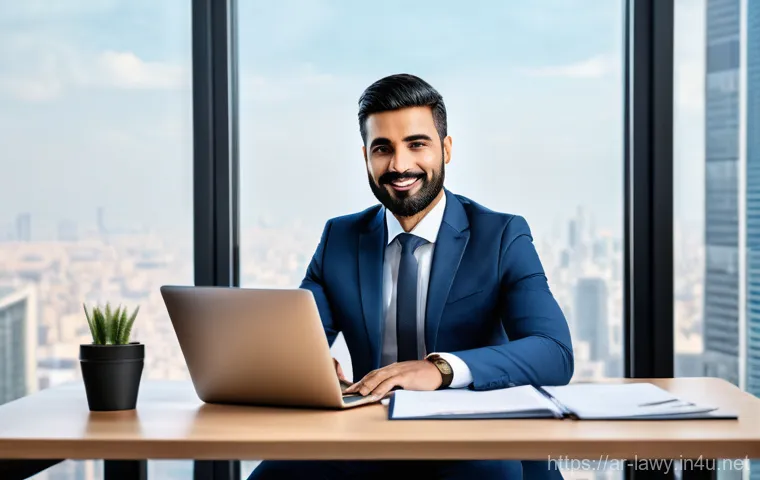 변호사 전문 자격 갱신 절차 - **Prompt 1: Digital License Renewal Success**
    A professional, modern Arab lawyer, in their late ...