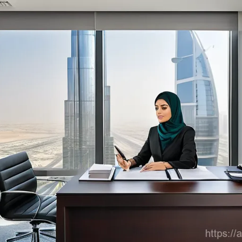 변호사 초기 커리어 전략 - A sophisticated, modern law office interior in a major Arab city, such as Dubai or Riyadh. The scene...