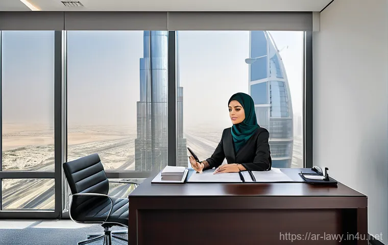 변호사 초기 커리어 전략 - A sophisticated, modern law office interior in a major Arab city, such as Dubai or Riyadh. The scene...