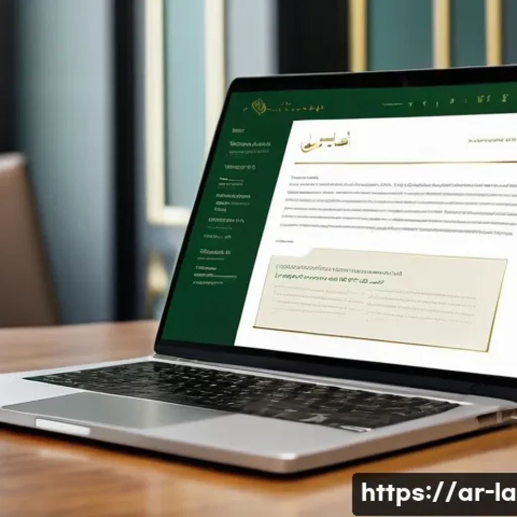 변호사와 법률 마케팅 전략 - A modern, professional Arabic law firm website homepage displayed on a sleek laptop screen, featurin...