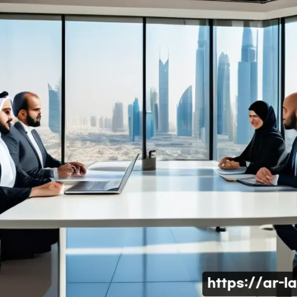 변호사와 로펌의 관계 이해하기 - A modern law firm office scene in a Middle Eastern city, featuring diverse Arabic-speaking lawyers c...