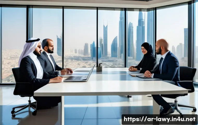 변호사와 로펌의 관계 이해하기 - A modern law firm office scene in a Middle Eastern city, featuring diverse Arabic-speaking lawyers c...