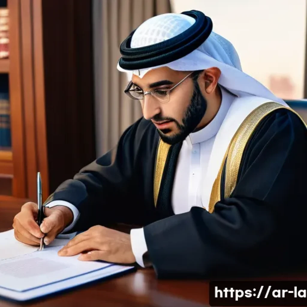 변호사와 계약법 실무 적용 - A professional Arab lawyer sitting at a polished wooden desk in a modern office, carefully drafting ...