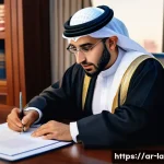 변호사와 계약법 실무 적용 - A professional Arab lawyer sitting at a polished wooden desk in a modern office, carefully drafting ...
