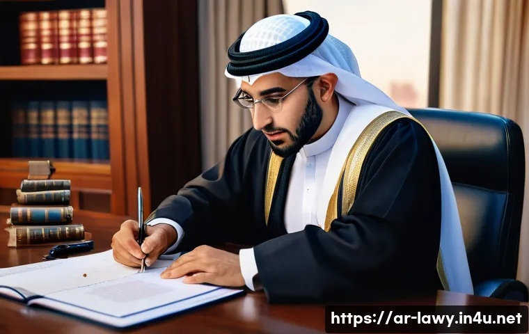 변호사와 계약법 실무 적용 - A professional Arab lawyer sitting at a polished wooden desk in a modern office, carefully drafting ...