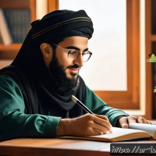 변호사 전문 자격 취득 꿀팁 - A focused young Arab law student studying at a traditional wooden desk in a cozy, sunlit room decora...