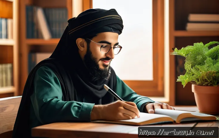 변호사 전문 자격 취득 꿀팁 - A focused young Arab law student studying at a traditional wooden desk in a cozy, sunlit room decora...