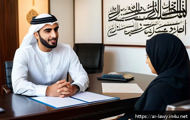 변호사와 클라이언트 커뮤니케이션 사례 - A professional Middle Eastern male lawyer in traditional business attire, sitting in a modern office...