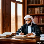 법학 논문 작성 팁 - A professional Arab academic researcher sitting at a large wooden desk in a traditional Middle Easte...