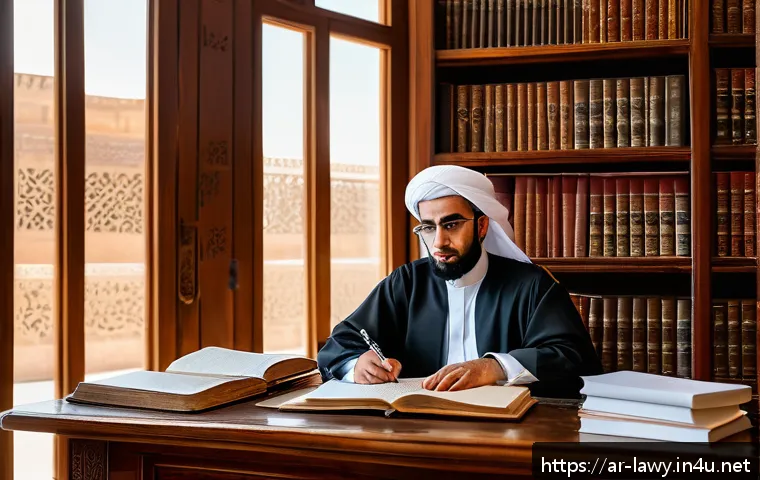 법학 논문 작성 팁 - A professional Arab academic researcher sitting at a large wooden desk in a traditional Middle Easte...