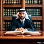 변호사와 형법 적용 사례 - A professional Arab male lawyer in traditional attire, sitting confidently in a modern courtroom fil...