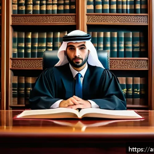 변호사와 형법 적용 사례 - A professional Arab male lawyer in traditional attire, sitting confidently in a modern courtroom fil...