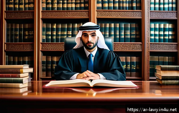 변호사와 형법 적용 사례 - A professional Arab male lawyer in traditional attire, sitting confidently in a modern courtroom fil...
