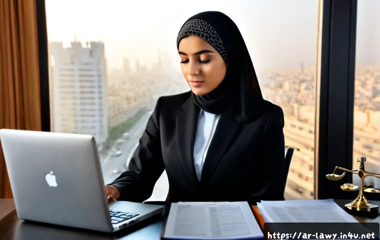 변호사 판례 분석 사례 - Photorealistic Arab female lawyer in a modest tailored suit and headscarf analyzing a legal case fil...