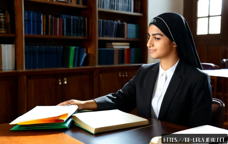 법학 공부 중점 과목 추천 - Photorealistic Arab university law student in modest professional attire studying at a sunlit librar...